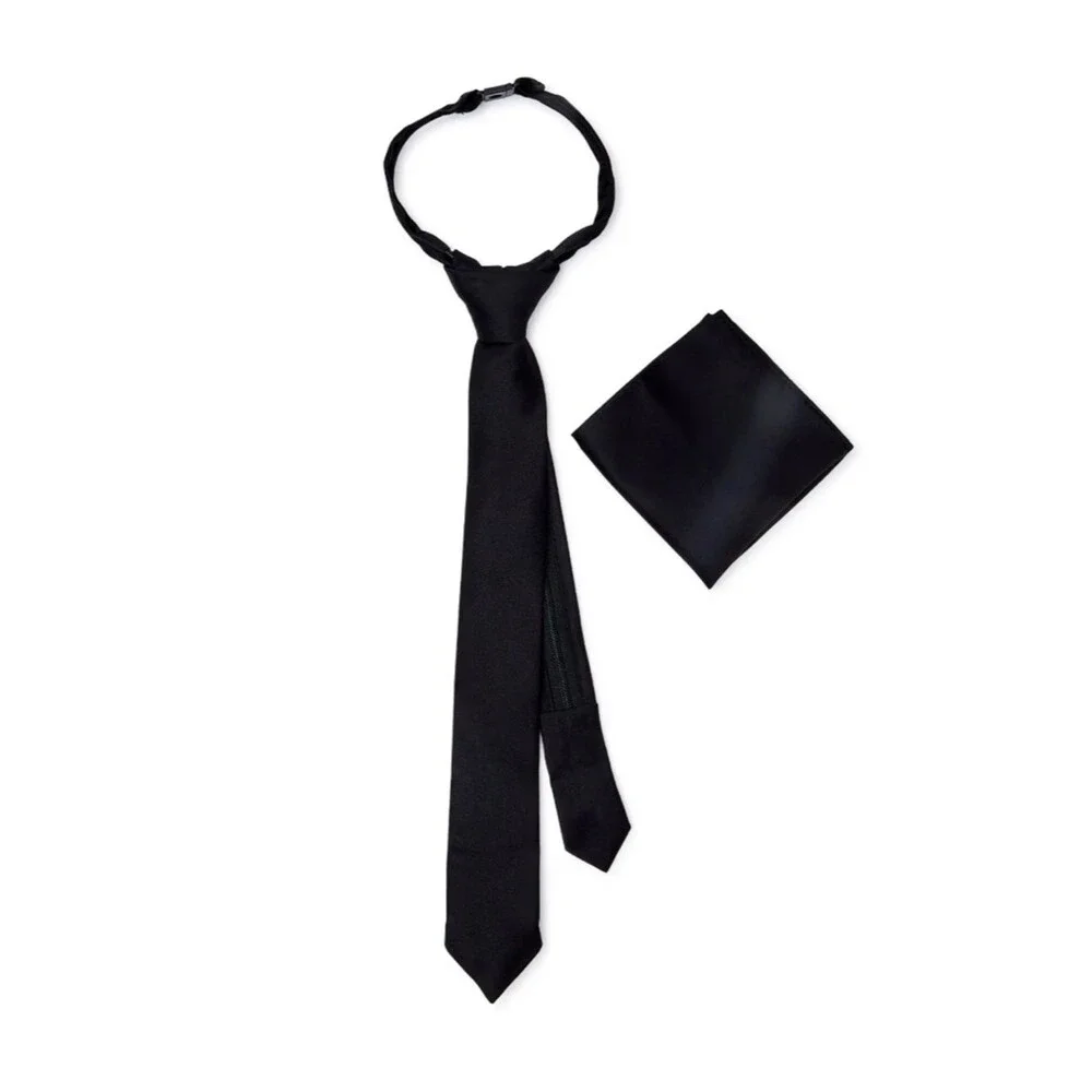 NWT Boys Black Tie and Pocket Square Set
